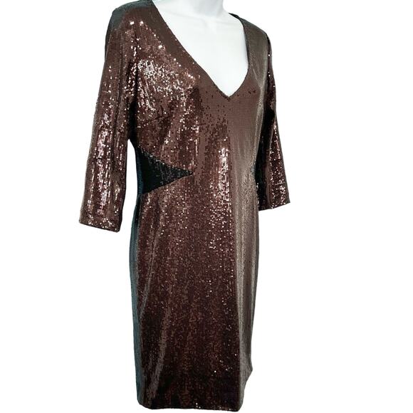 Jay Godfrey Chocolate Brown Black Colorblock Half Sleeve Sequin Mini Dress sz 8 - Picture 5 of 10